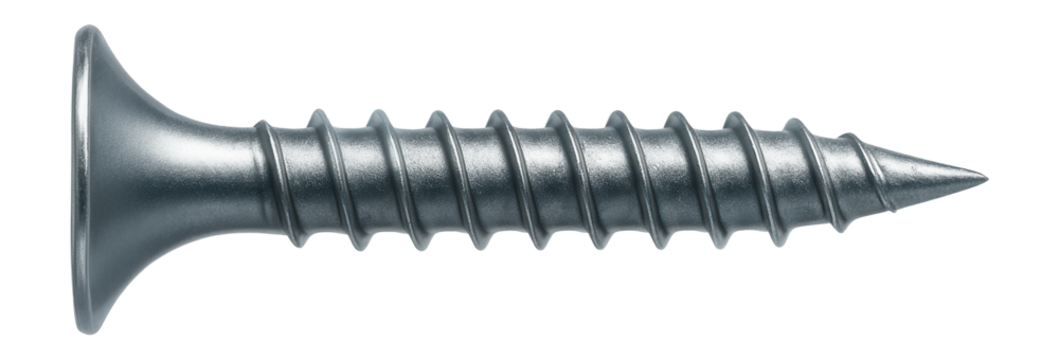 Bugle head drywall screw with a sharp needle point for easy penetration into drywall sheets.