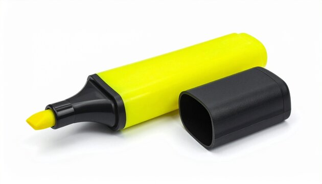 A yellow highlighter with a chisel tip rests uncapped on a white surface—its bold form and inked edge evoke crafted emphasis, minimalist rhythm, and the pulse of textual illumination.