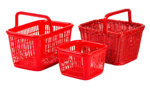 3 red plastic baskets isolated on a transparent background,.png