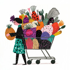 A tired woman next to an overfilled shopping cart full of fruits and vegetables at the supermarket. She looks overwhelmed by the big pile of groceries she needs to buy. AI-generated illustration