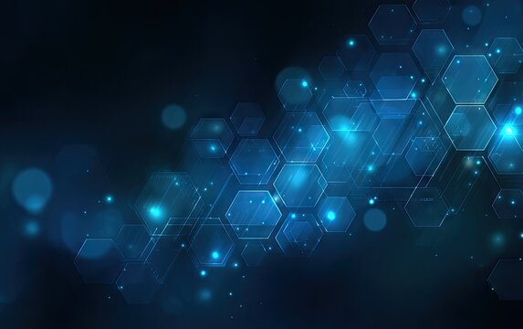 Abstract digital hexagon background with glowing blue lights and bokeh.