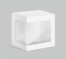 Square rectangle box with transparent window mockup. Vector illustration isolated on grey background, ready and simple to use for your design. EPS10. 