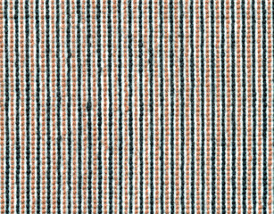 Close-up of woven carpet with vertical striped pattern in orange, black, and white tones, detailed textile texture.