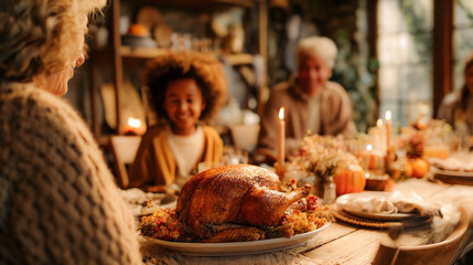 Thanksgiving dinner with family. A warm inviting Thanksgiving scene features a roasted turkey on a table, a family gathering around a wooden table, creating a sense of togetherness and celebration.