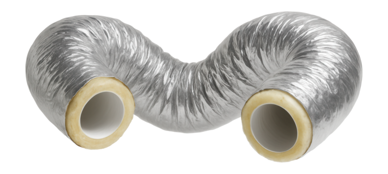 Insulated flexible duct with a polyester core and fiberglass insulation for noise reduction in residential ventilation.