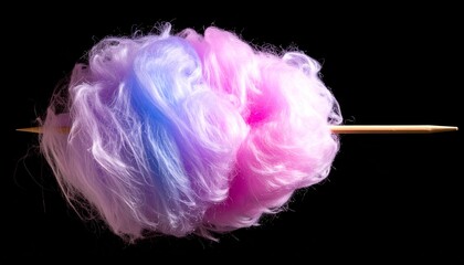 Soft fluffy cotton candy on a stick isolated on white background, highlighting spun sugar texture, perfect for carnival themes, playful designs, fairground sweets, and party visuals.