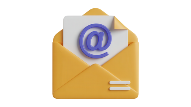 3d illustration of an open yellow envelope with a white paper inside displaying a purple at symbol isolated on transparent background