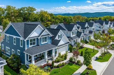aerial view of new homes in an american suburban neighborhood, all blue-colored houses with white trim and dark gray roofs, trees in the background