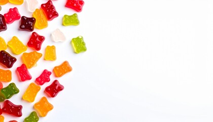 Assorted colorful gummy bears isolated on white background, highlighting chewy texture and fruity sweetness, perfect for candy packaging, playful snack designs, and fun visuals.