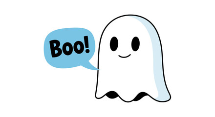 Obraz premium Adorable cartoon ghost character illustration with a friendly smile, playfully saying 'Boo!' in a speech bubble, perfect for Halloween, spooky designs, and seasonal projects