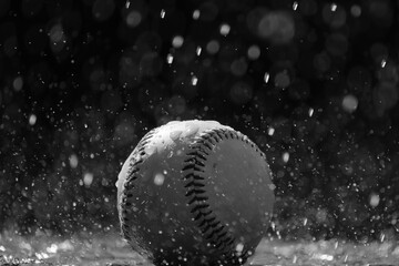 Water droplets on baseball closeup for rain game or weather delay in sport concept, black and white image.