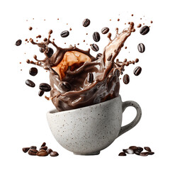 Coffee Bean Splash over Ceramic Cup on Black Backdrop