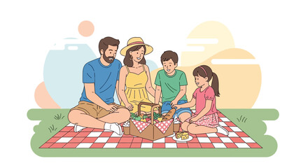 A Cheerful And Engaging Family Picnic Outdoors In The Sunshine With Food Variety