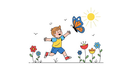 Fototapeta premium A Cheerful Boy Chasing a Butterfly in a Field of Blossoming Flowers
