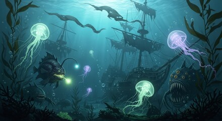 Scuba Diver Explores a Mysterious Sunken Shipwreck Underwater.