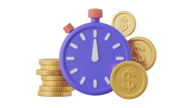3d rendering of a purple stopwatch next to a stack of gold coins and scattered coins isolated on transparent background - Powered by Adobe