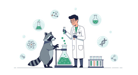 A Scientist Conducts Chemistry Experiment with Raccoon in Illustrated Laboratory Setting