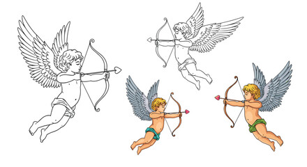 Four cupid figures with bows and arrows in various styles including line art and colored drawings.