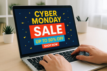 Cyber monday sale promotion on laptop screen with hands typing at desk