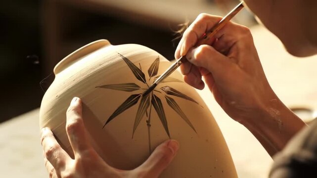 Hands painting a ceramic vase with a starburst pattern