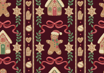 Christmas gingerbread gingerman bow seamless pattern with cookies stars hearts mittens holiday decoration