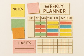 Weekly planner and habit tracker made of colored paper cutouts, flat lay style on beige background, concept of organization and productivity