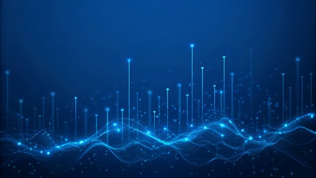  Abstract Blue Digital Wave and Bar Graph Background Representing Big Data Visualization, Technology, Analytics, AI, and Network Connections