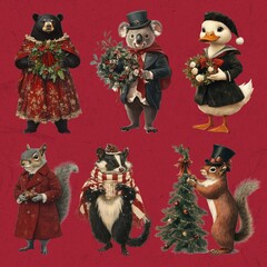 Obraz na płótnie Canvas Vintage Christmas animal character illustration design element set