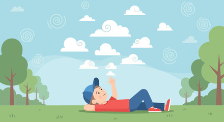 Obraz premium A Young Boy Enjoys The Daydream On A Lush Green Meadow Under A Beautiful Sky