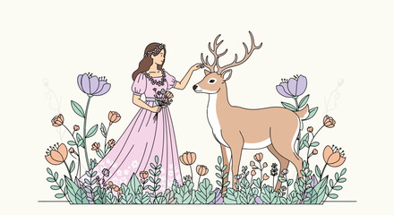 Obraz premium A Damsel Befriends A Majestic Stag Amongst Blooming Floral Scenery And Beauty