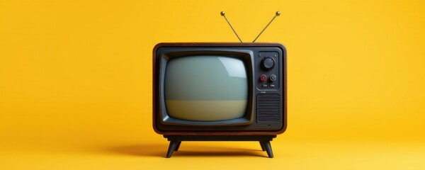 Vintage television set with antennas and screen on bright yellow background, retro electronic device, old fashioned TV for entertainment or nostaia themes