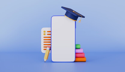 Books and pencil, Graduation cap, Notes and research , Concept of online education