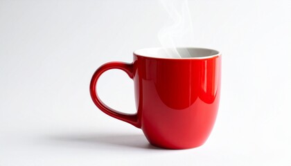 A bright red ceramic mug filled with steaming coffee sits on a clean white surface—its smooth form and rising warmth evoke crafted comfort, minimalist rhythm, and the pulse of everyday ritual.