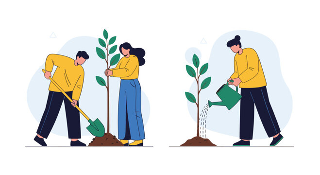 People planting and watering young trees in a park.