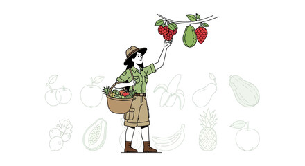 Fototapeta premium A Female Explorer Gathering Exotic Fruits, Carrying a Basket, and Reaching for Berries