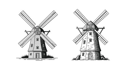 Fototapeta premium Two historical windmills are illustrated in detailed line drawings.