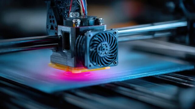 Close-Up View of 3D Printer Extruder Head in Action Producing Layered Object on Heated Print Bed with Colorful LED Light Glow