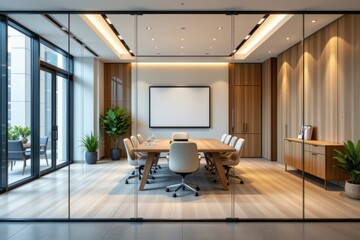 Modern corporate conference room with large wooden table ergonomic chairs a whiteboard on wall glass walls natural light office meeting space interior design