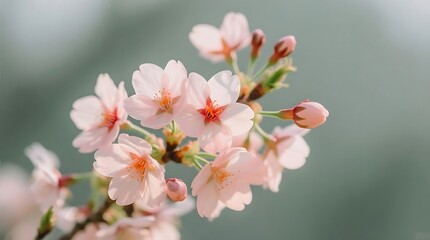 Fototapeta premium Gentle Pink Cherry Blossoms Blooming on a Branch in Spring Sunlight