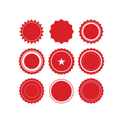 Red circular seal and decorative round badge vector collection, quality mark emblem, product label design, retro vintage sticker template, simple brand identity graphic illustration.