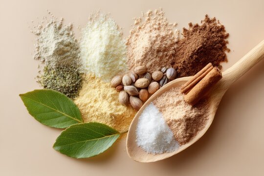 A colorful assortment of various spices and herbs displayed in a wooden spoon alongside an array of ground spices and dried bay leaves on a neutral background. - Powered by Adobe