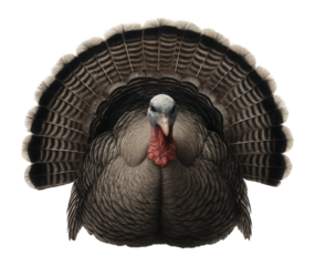 Narragansett turkey with black and grey banded tail feathers