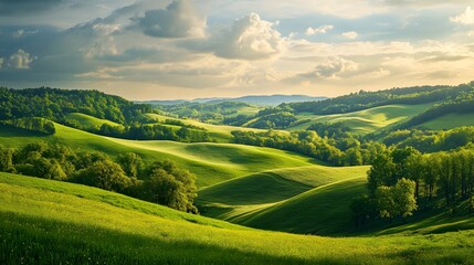 Obraz premium Lush green rolling hills under a vibrant sky, showcasing nature's beauty and serenity at sunset