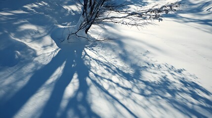 Bare tree branches casting long blue shadows across a snow-covered landscape winter