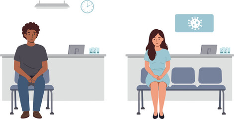 Medical waiting area, social distancing, healthcare facility, clinic interior, hospital reception, patients seated, virus precaution, public health, safety measures, modern illustration