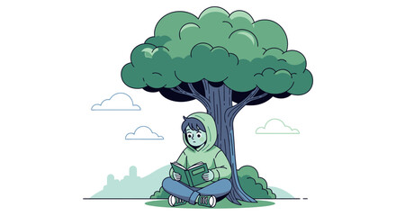 Obraz premium A Young Person Reading Under A Grand Tree, Absorbed In A Captivating Story
