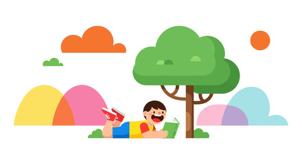 A Young Reader Discovering Stories Under a Shady Tree in a Colorful Landscape