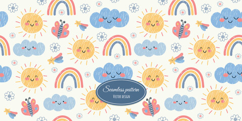 Children's, trendy, seamless pattern, hand-drawn with cute characters. Vector design for children's bedding, fabrics, wallpaper, wrapping paper, and more.