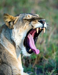 Lioness yawning in the savanna