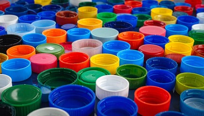 A vibrant scatter of plastic bottle caps&mdash;red, blue, green, yellow, pink, orange&mdash;overlapping in playful chaos, evoking recycled rhythm, chromatic energy, and the pulse of everyday material reuse.